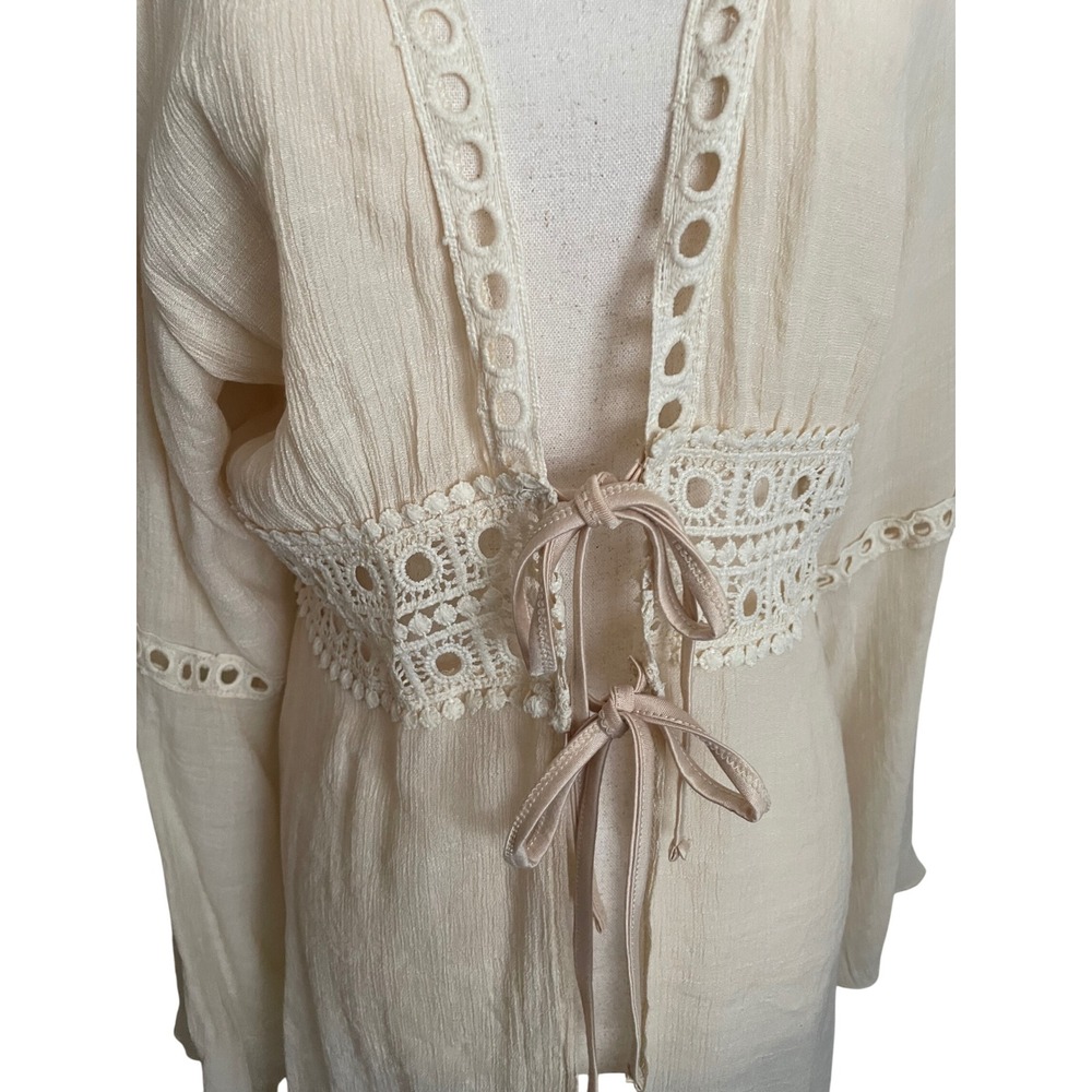 Boho Crochet Lace Tie Front Flare Sleeve Cardigan Large Festival Fairy Indie - Picture 3 of 6